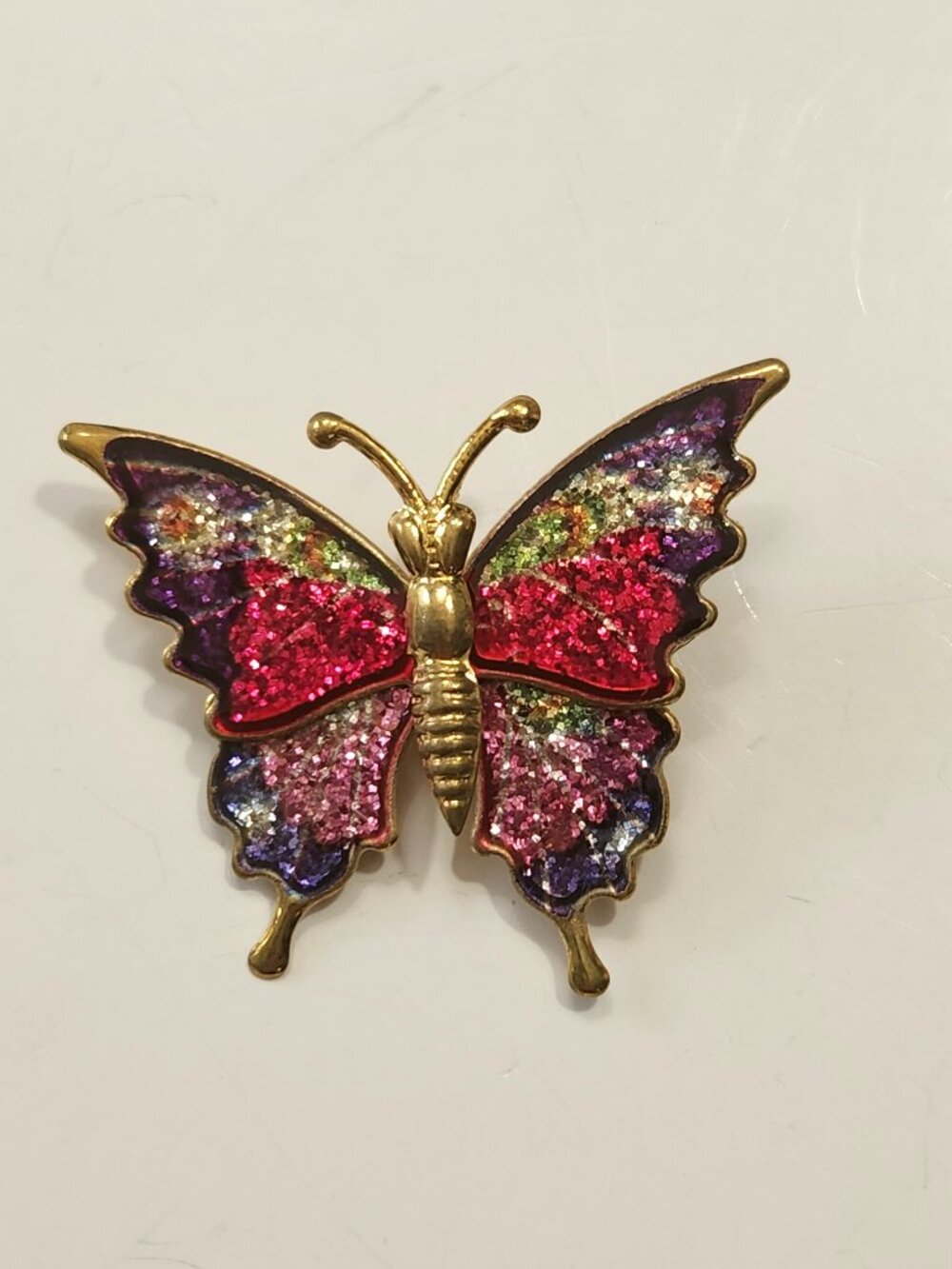 Vintage Glittery Butterfly Pin/Brooch Pink Purple Goldtone